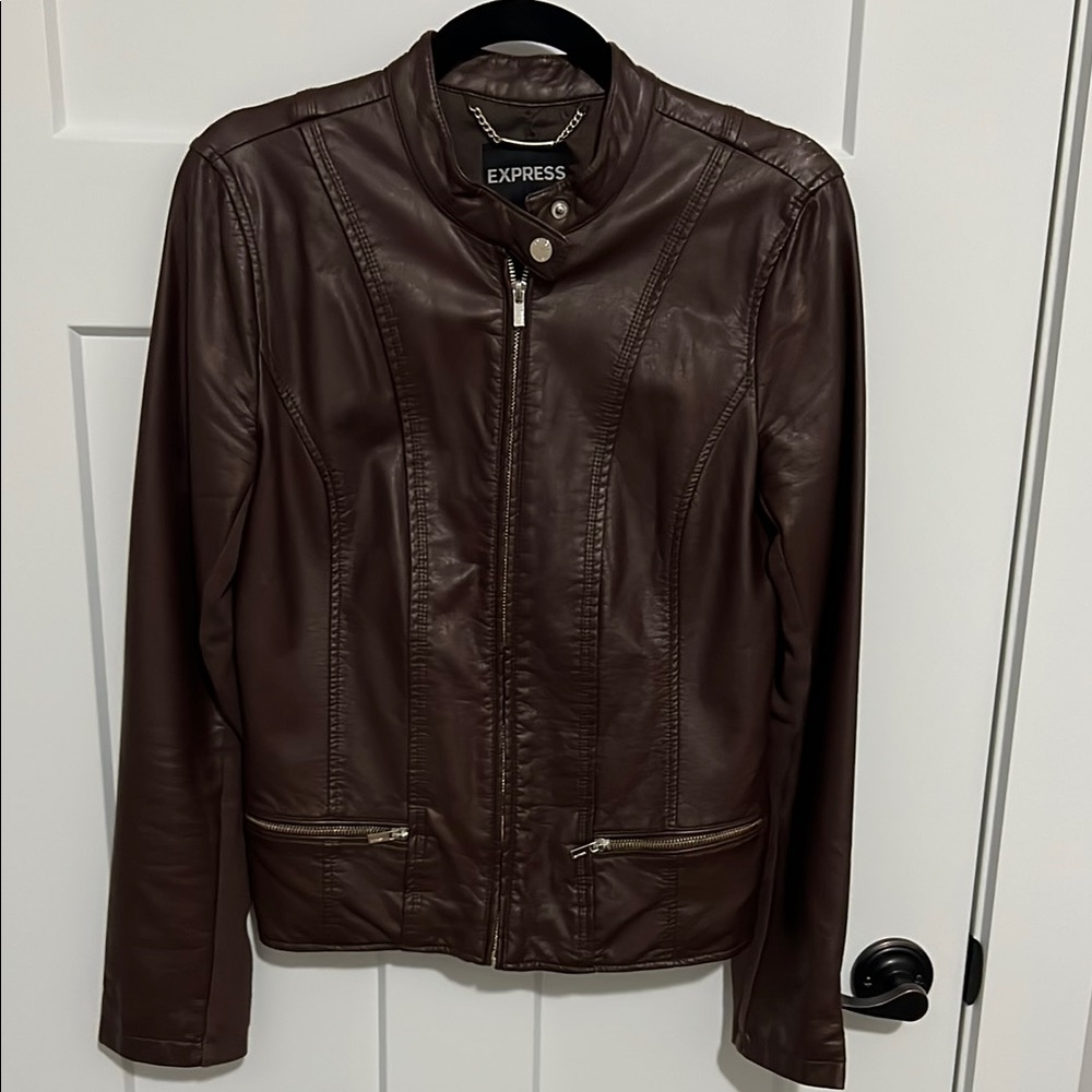 Express Women's Brown Faux-Leather jacket, size M